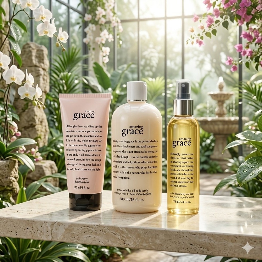 NEW Philosophy Amazing Grace Body Set Women Pink New Scrub Body Butter Oil Mist